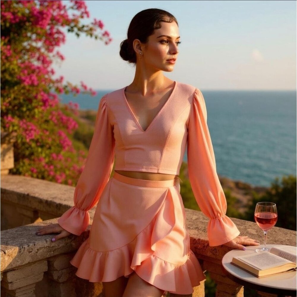 Sugar Thrillz ✦ Ruffle Mini Skirt ✦ Satin Peach Asymmetric Draped High Waist M
